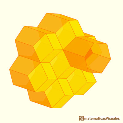 Honeycombs and Rhombic Dodecahedron, hexagonal cell of a honeycomb, the bottom or keel if made of three rhombi | matematicasVisuales
