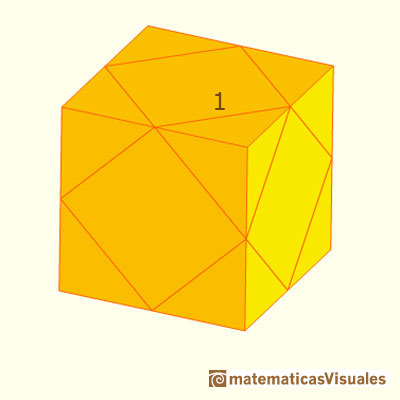 Volume of a cuboctahedron: Cuboctahedron in a cube to see that the distance from each vertice to the center is the same as the edge-length | matematicasvisuales