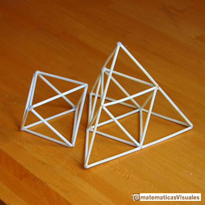 Octahedron: A tetrahedron of edge length 2 is made of one octahedron and four tetrahedra of edge length 1 | matematicasvisuales