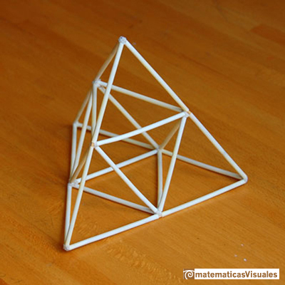 Octahedron: A tetrahedron of edge length 2 is made of one octahedron and four tetrahedra of edge length 1 | matematicasvisuales