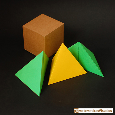 cubo compuesto por el tetraedro amarillo y dos pares de pirmides verdes | matematicasvisuales