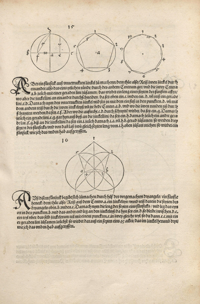 Dibujo aproximado de Durero de un pentágono:  El libro de Durero Underweysung der Messung en la página con el dibujo de dos pentágonos | matematicasVisuales